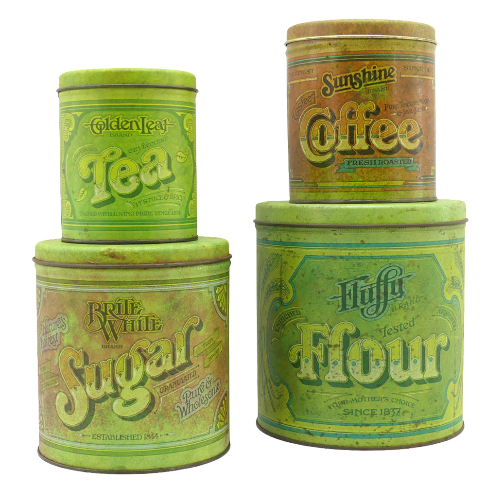 Lot of 4 VTG Tea Coffee Sugar Flour Tins Metal Kitchen Canisters Set Retro Decor